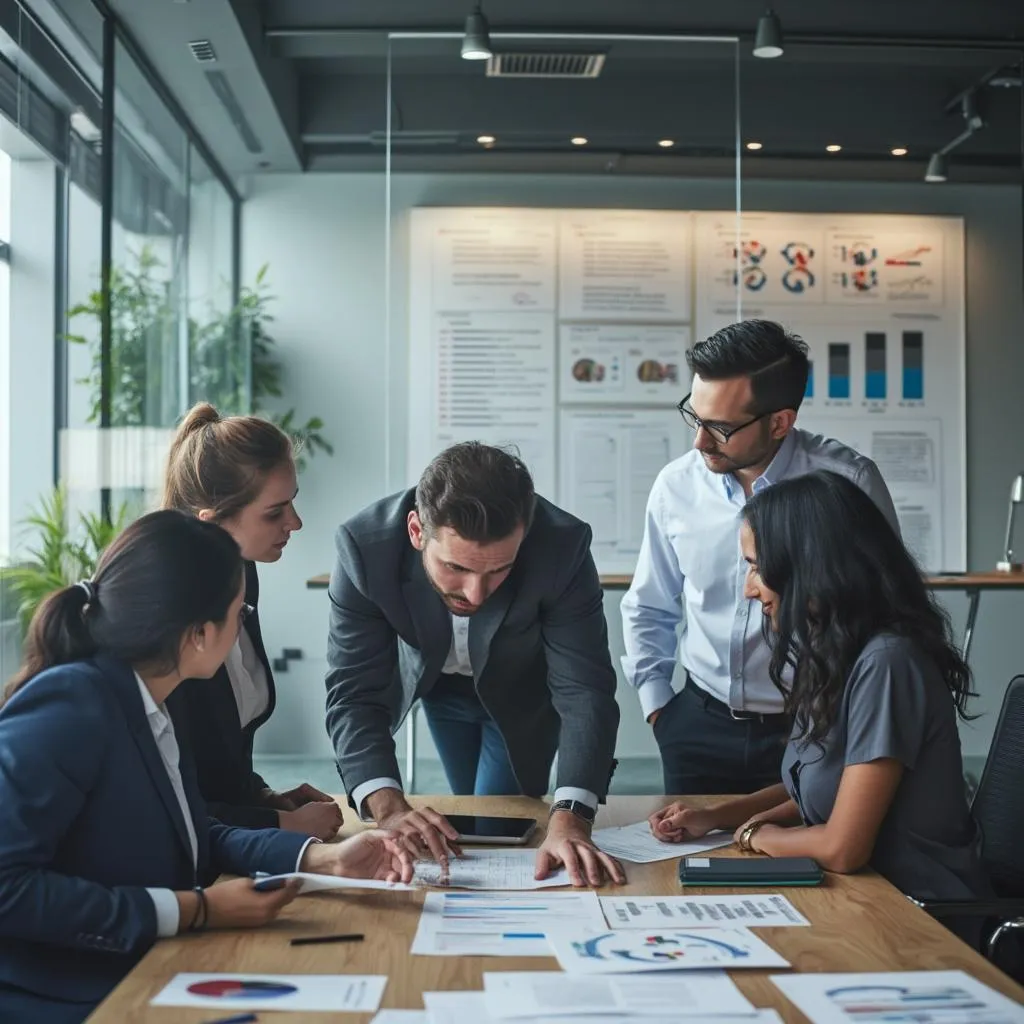 Equipo de consultores analizando documentos de estrategia empresarial